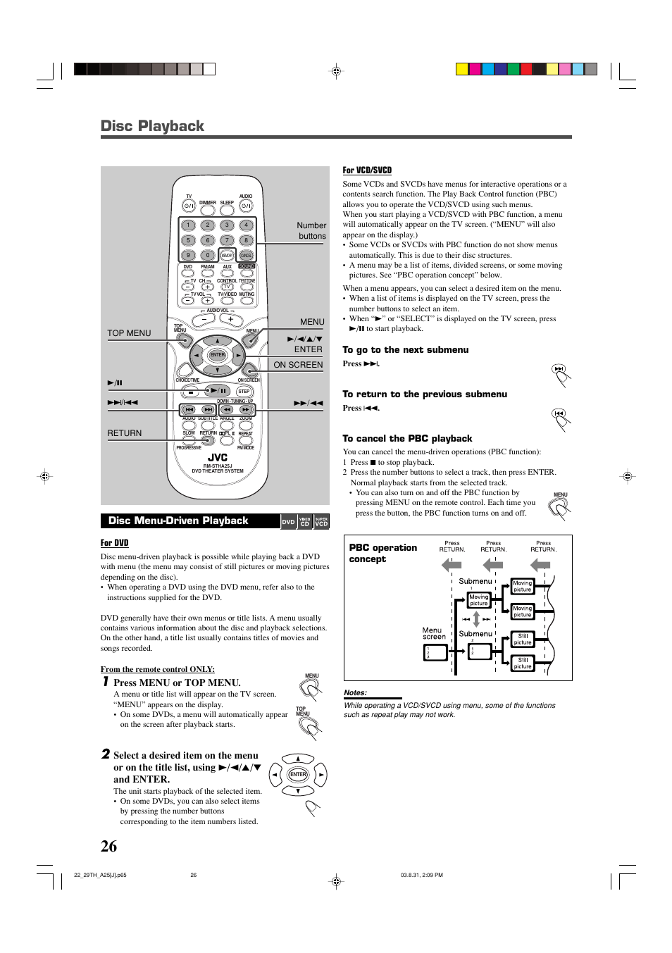 Disc playback, Disc menu-driven playback, Press menu or top menu | For dvd, Pbc operation concept, For vcd/svcd | JVC TH-A25 User Manual | Page 28 / 48