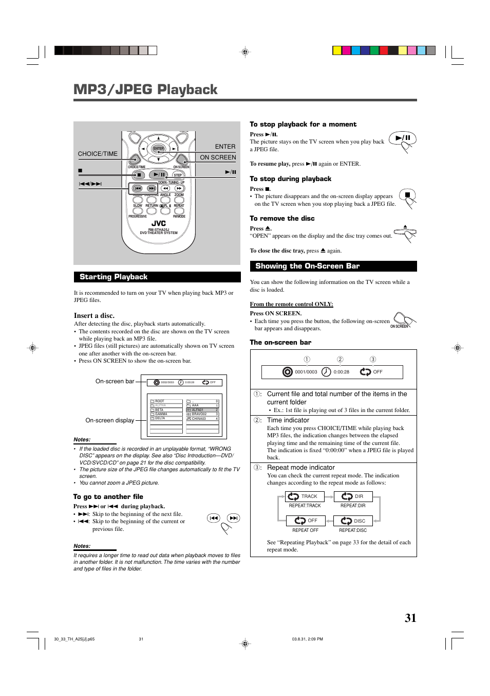 Mp3/jpeg playback, Starting playback, Insert a disc | Showing the on-screen bar | JVC TH-A25 User Manual | Page 33 / 48