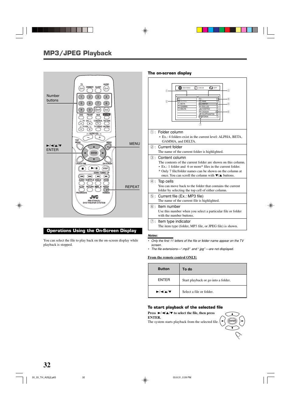 Mp3/jpeg playback, Operations using the on-screen display, 1 : folder column | 2 : current folder, 3 : content column, 4 : top cells, 5 : current file (ex.: mp3 file), 6 : item number, 7 : item type indicator, The on-screen display | JVC TH-A25 User Manual | Page 34 / 48