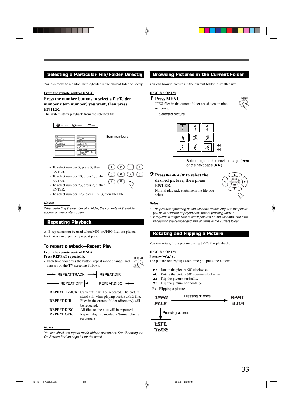Selecting a particular file/folder directly, Repeating playback, Rotating and flipping a picture | Browsing pictures in the current folder, Press menu | JVC TH-A25 User Manual | Page 35 / 48