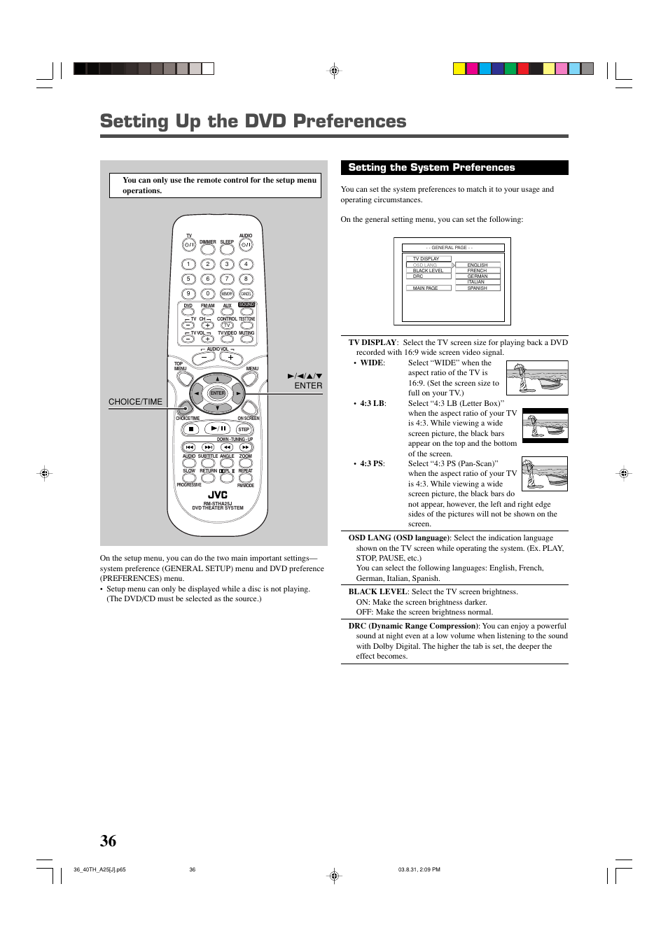 Setting up the dvd preferences, Setting the system preferences | JVC TH-A25 User Manual | Page 38 / 48
