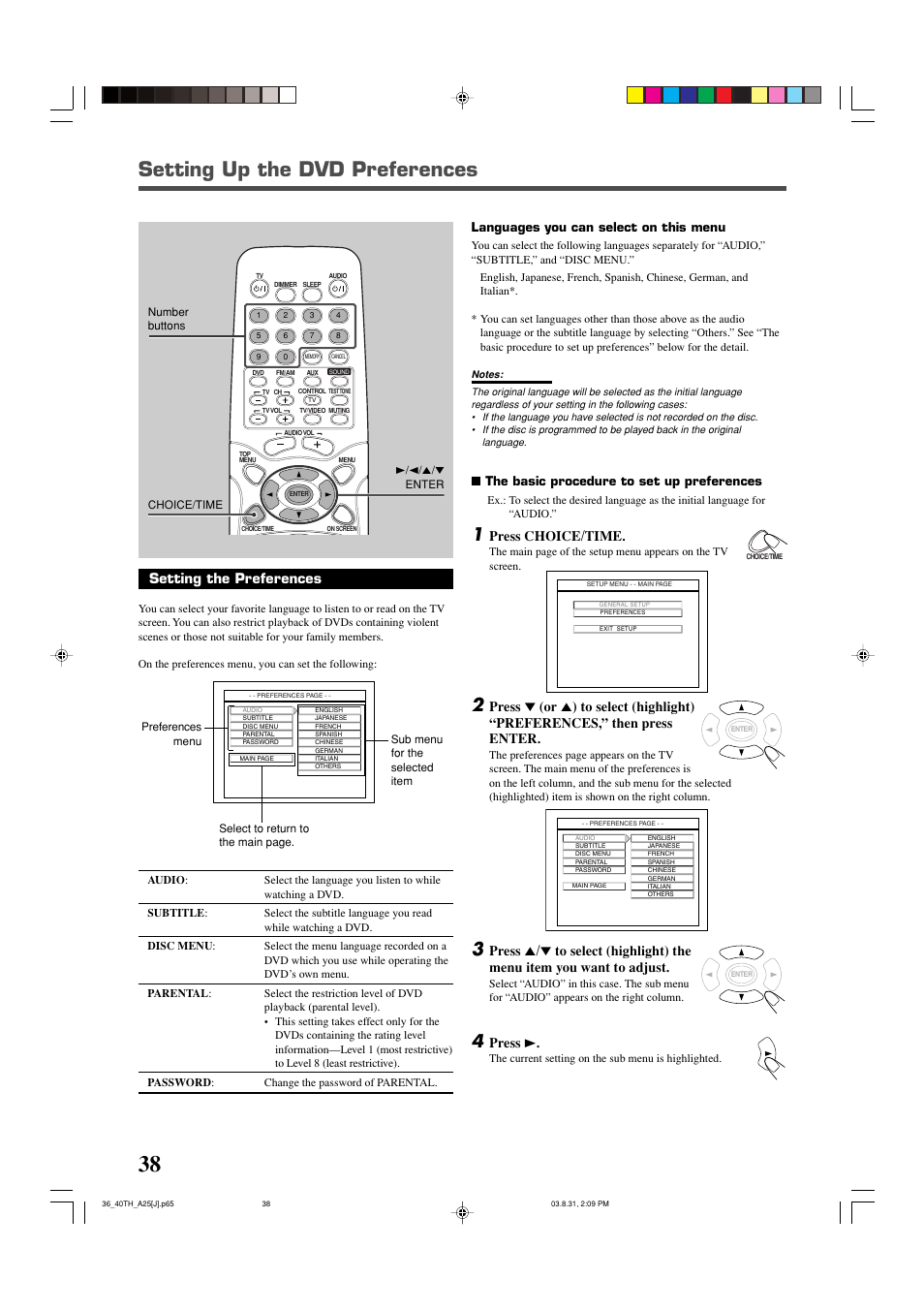 Setting up the dvd preferences, Setting the preferences, Press choice/time | Press 3, Languages you can select on this menu, The basic procedure to set up preferences | JVC TH-A25 User Manual | Page 40 / 48