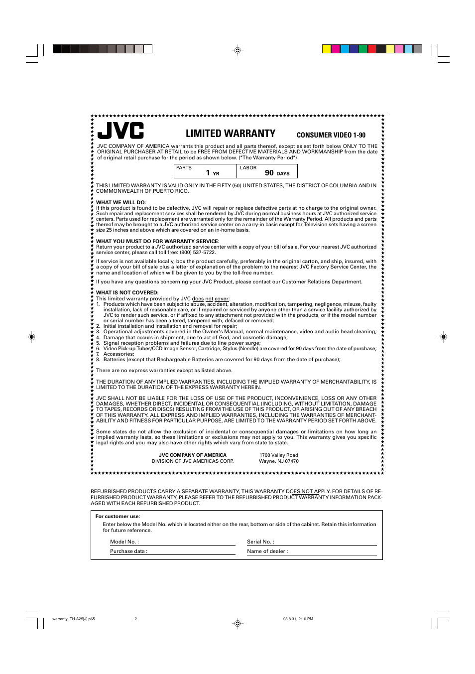 Limited warranty, Consumer video 1-90 | JVC TH-A25 User Manual | Page 46 / 48