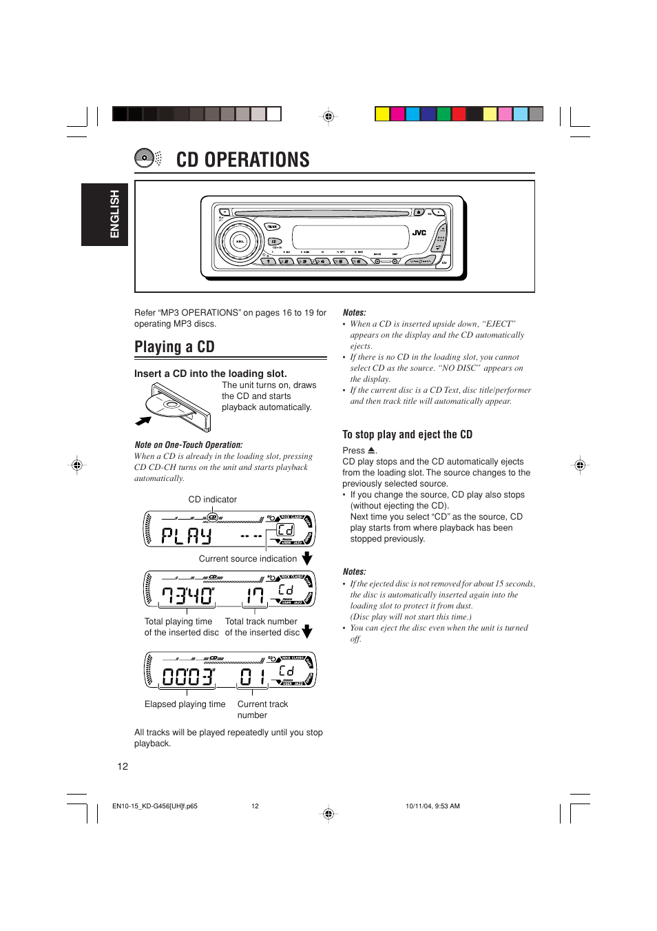 Cd operations, Playing a cd | JVC GET0291-002A User Manual | Page 12 / 38