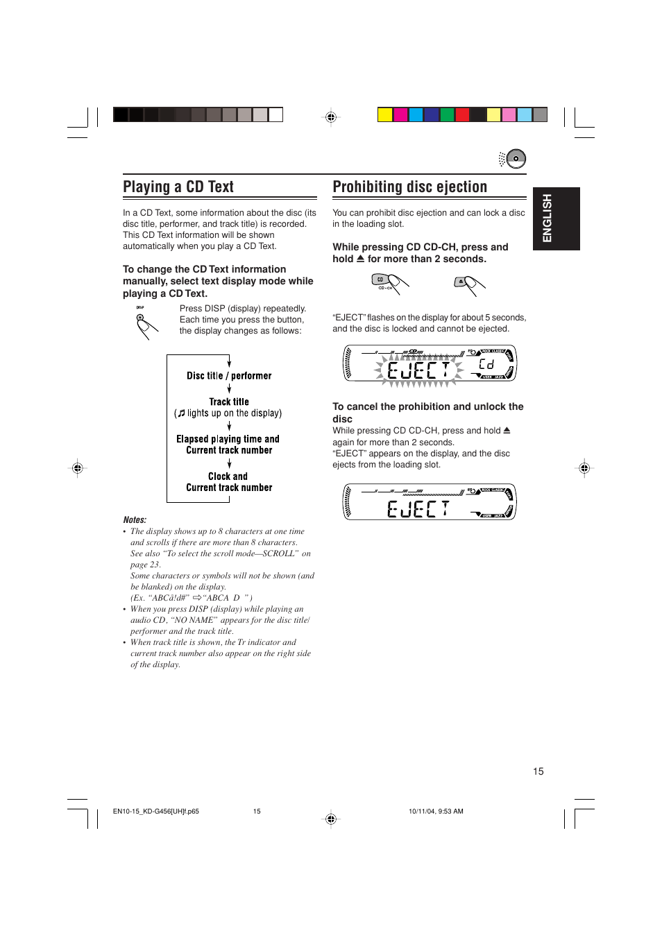 Prohibiting disc ejection, Playing a cd text | JVC GET0291-002A User Manual | Page 15 / 38