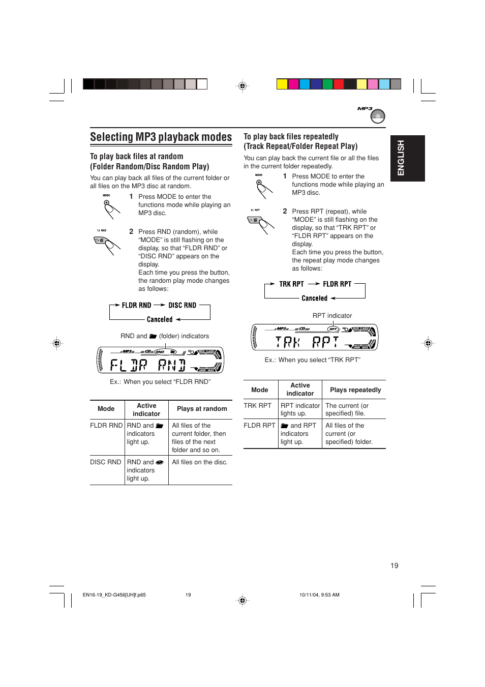 Selecting mp3 playback modes, English | JVC GET0291-002A User Manual | Page 19 / 38