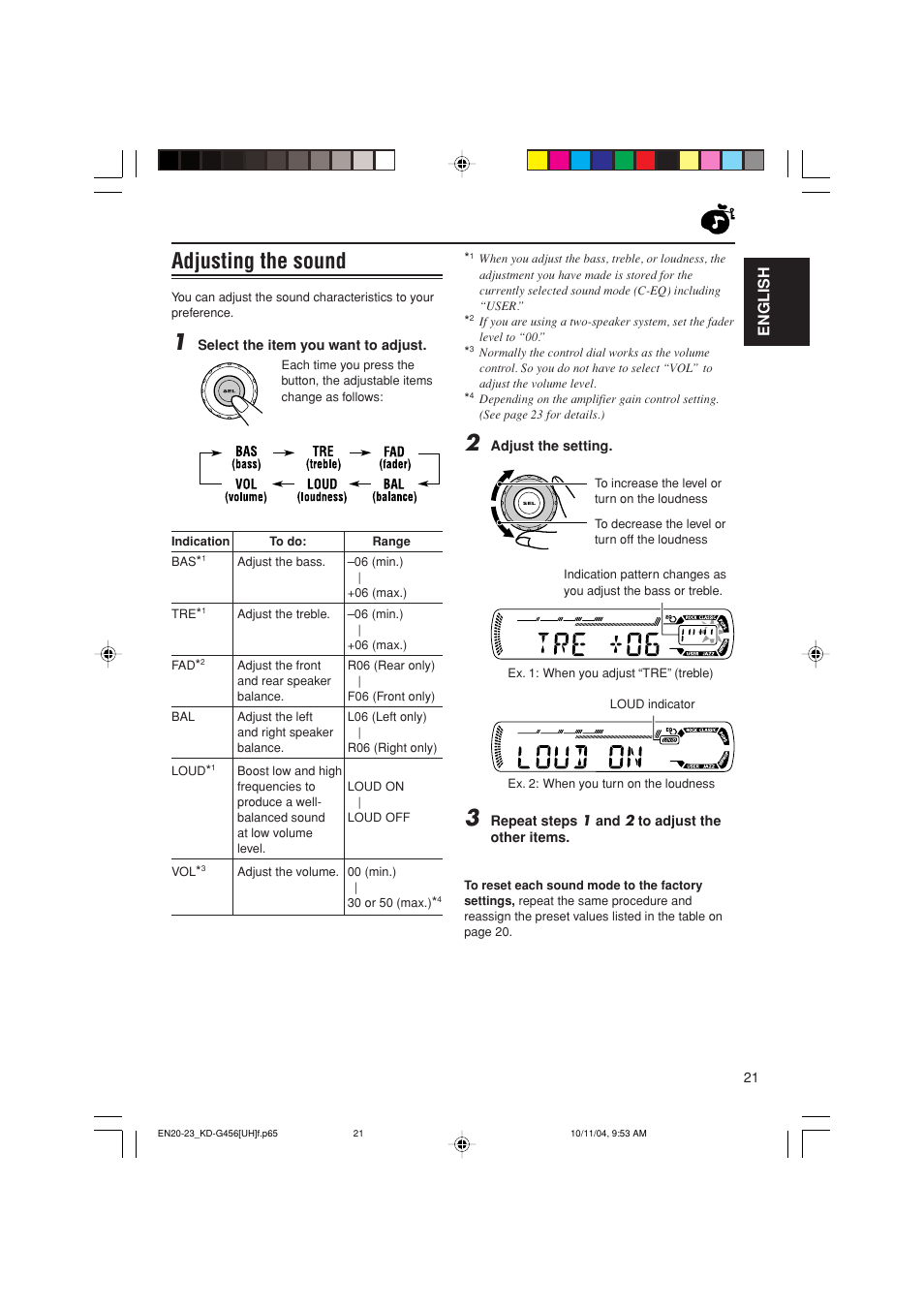 Adjusting the sound, English | JVC GET0291-002A User Manual | Page 21 / 38