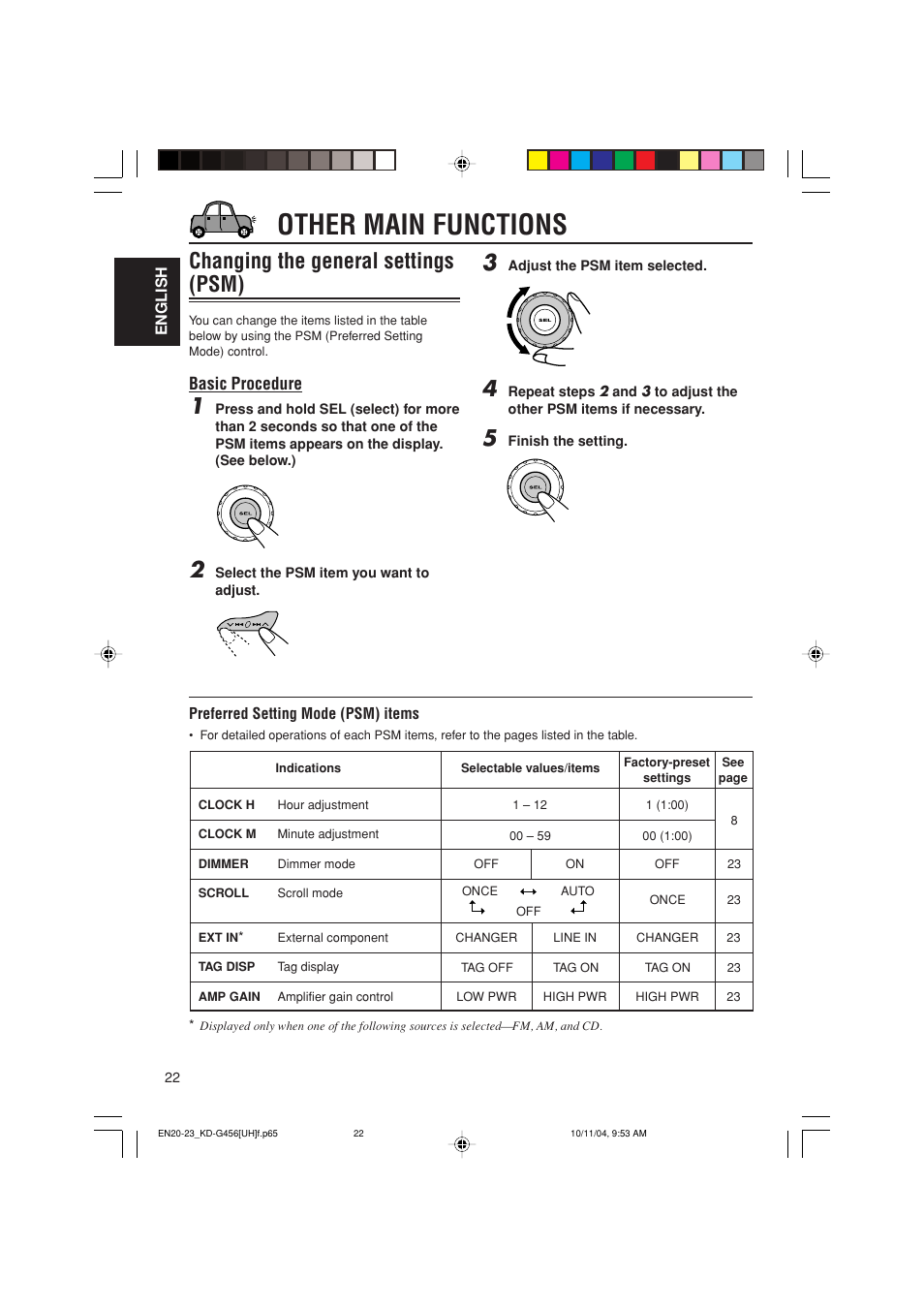 Other main functions, Changing the general settings (psm), Basic procedure | JVC GET0291-002A User Manual | Page 22 / 38