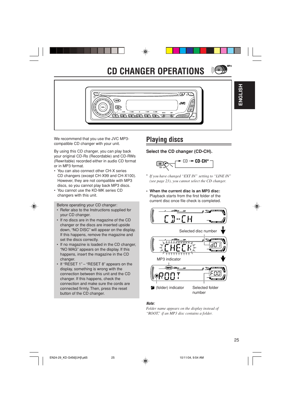 Cd changer operations, Playing discs | JVC GET0291-002A User Manual | Page 25 / 38