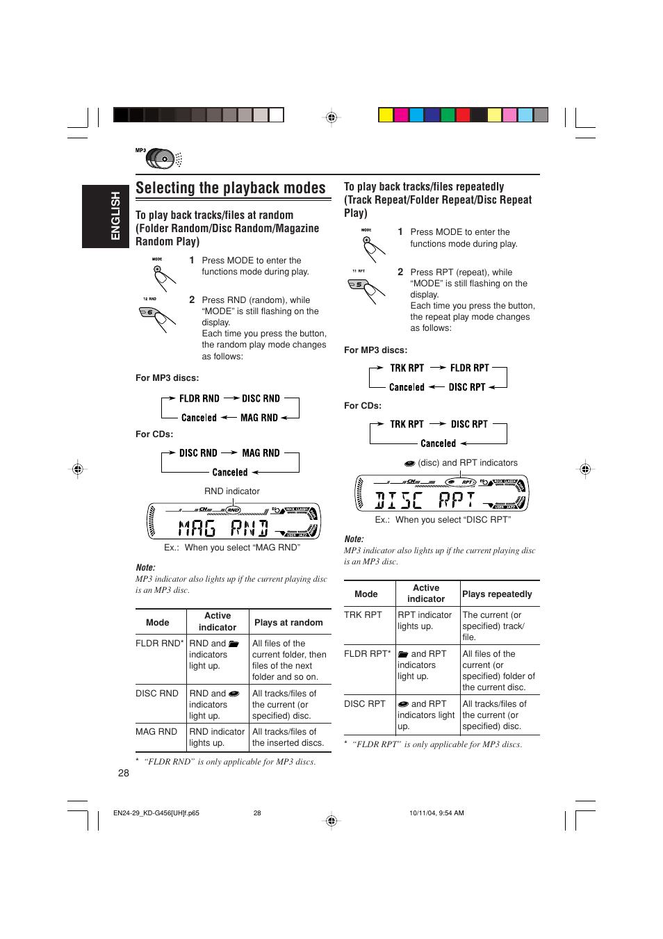 Selecting the playback modes, English | JVC GET0291-002A User Manual | Page 28 / 38