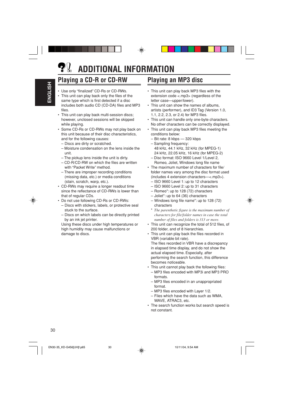 Additional information, Playing a cd-r or cd-rw, Playing an mp3 disc | JVC GET0291-002A User Manual | Page 30 / 38