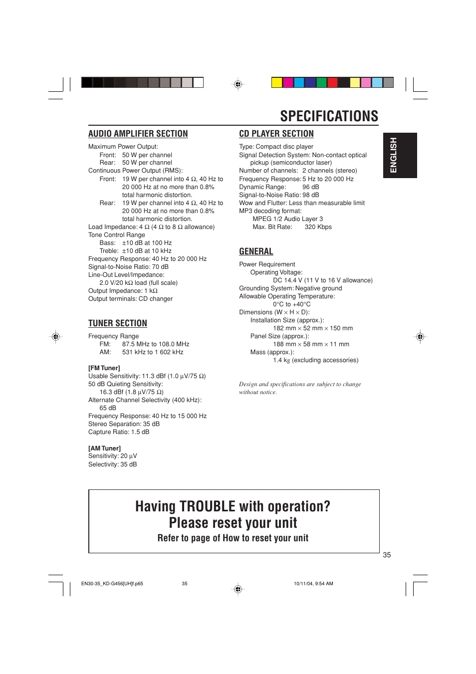 Specifications, Refer to page of how to reset your unit, General | JVC GET0291-002A User Manual | Page 35 / 38