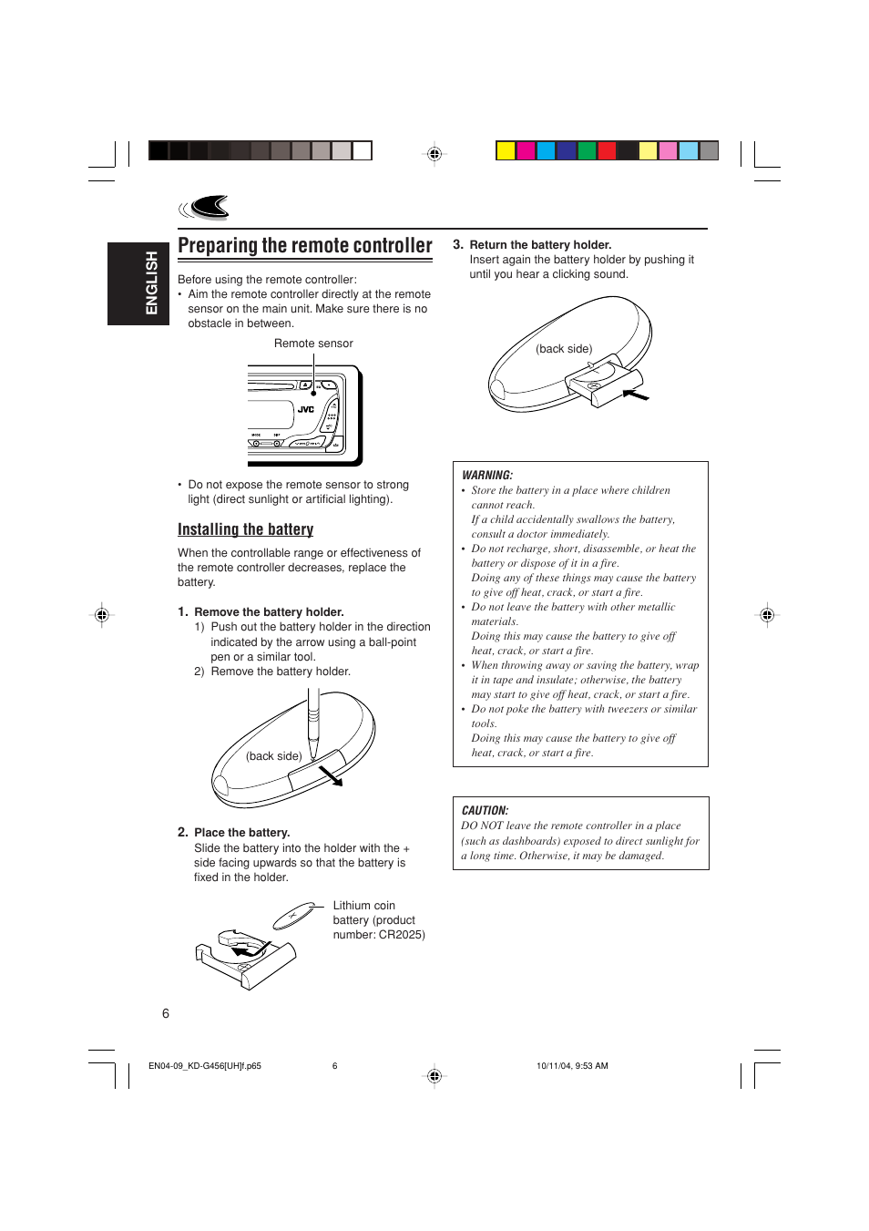 Preparing the remote controller, Installing the battery, English | JVC GET0291-002A User Manual | Page 6 / 38