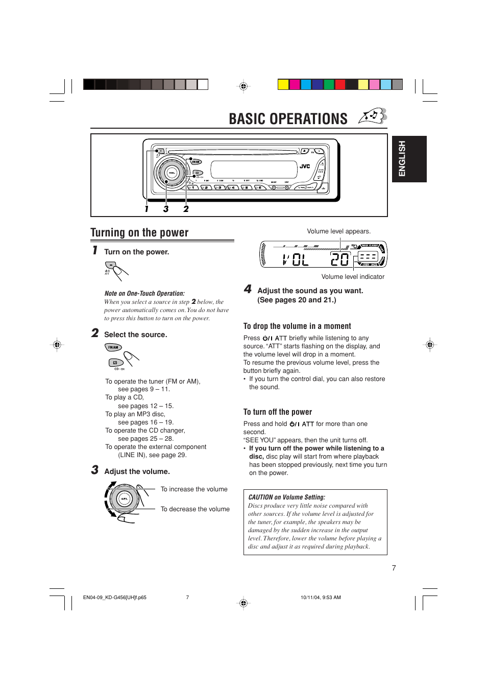 Basic operations, Turning on the power 1 | JVC GET0291-002A User Manual | Page 7 / 38