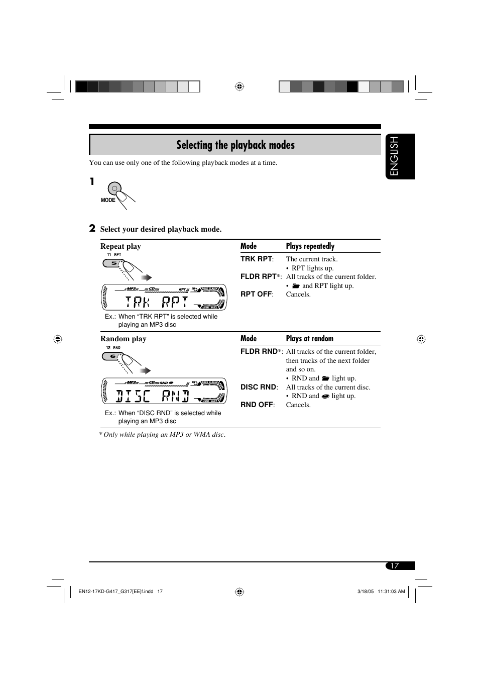 Selecting the playback modes, English | JVC KD-G317 User Manual | Page 17 / 32