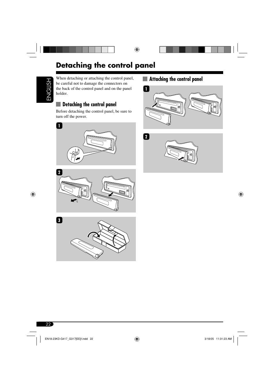 Detaching the control panel, English, Attaching the control panel | JVC KD-G317 User Manual | Page 22 / 32