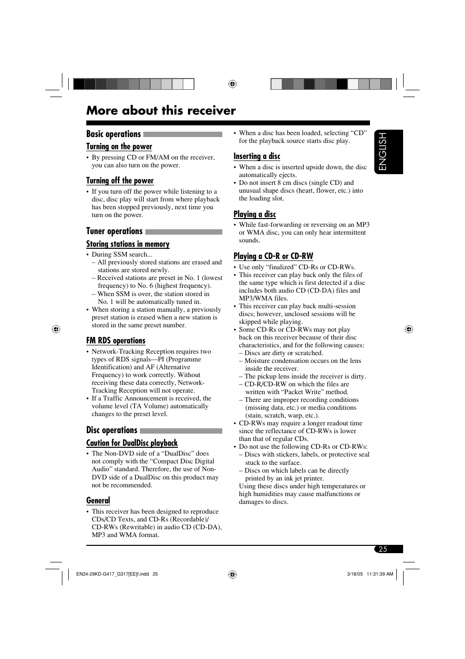 More about this receiver, English, Basic operations | Tuner operations, Disc operations | JVC KD-G317 User Manual | Page 25 / 32
