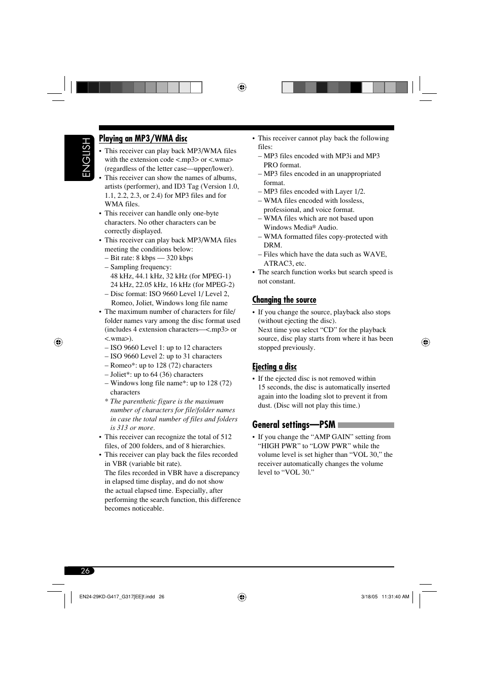English, General settings—psm | JVC KD-G317 User Manual | Page 26 / 32