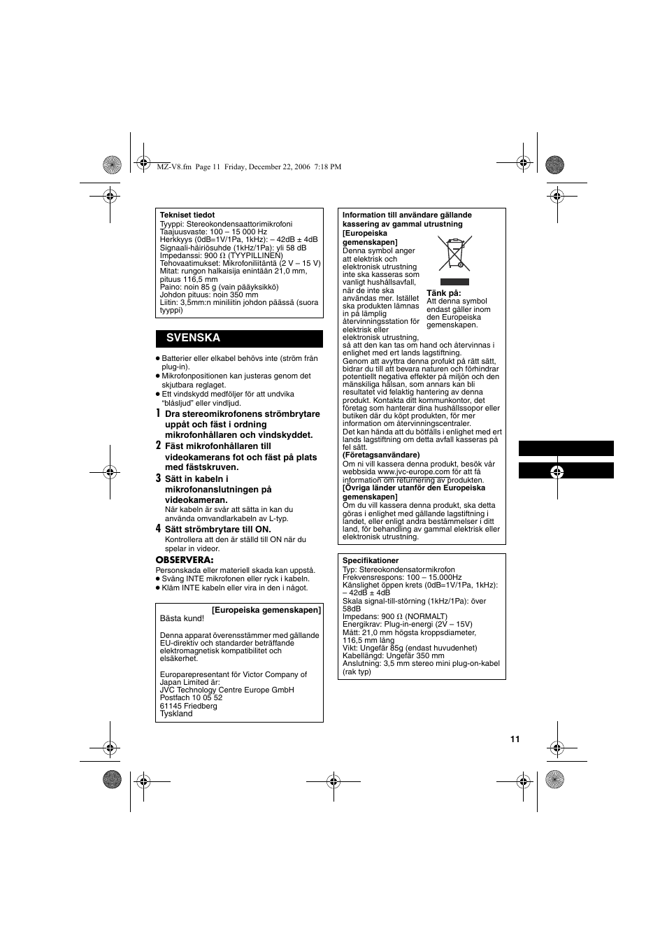 Svenska | JVC MZ-V8U/AC User Manual | Page 11 / 24