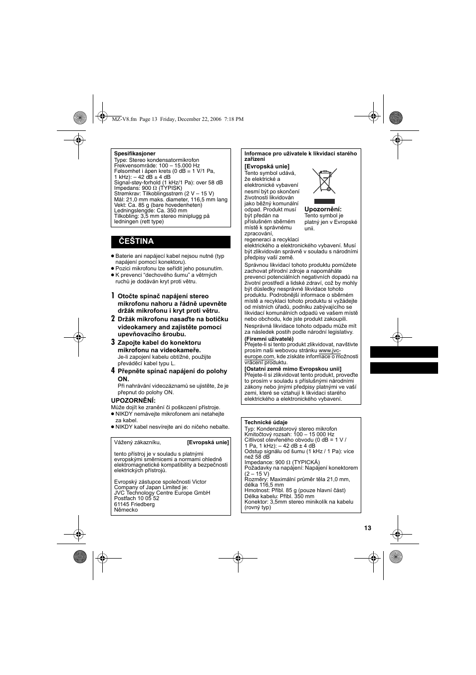 Èe³tina, Čeština | JVC MZ-V8U/AC User Manual | Page 13 / 24