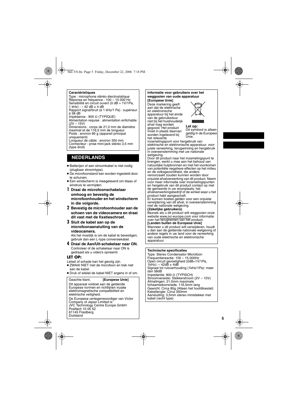 Nederlands | JVC MZ-V8U/AC User Manual | Page 5 / 24