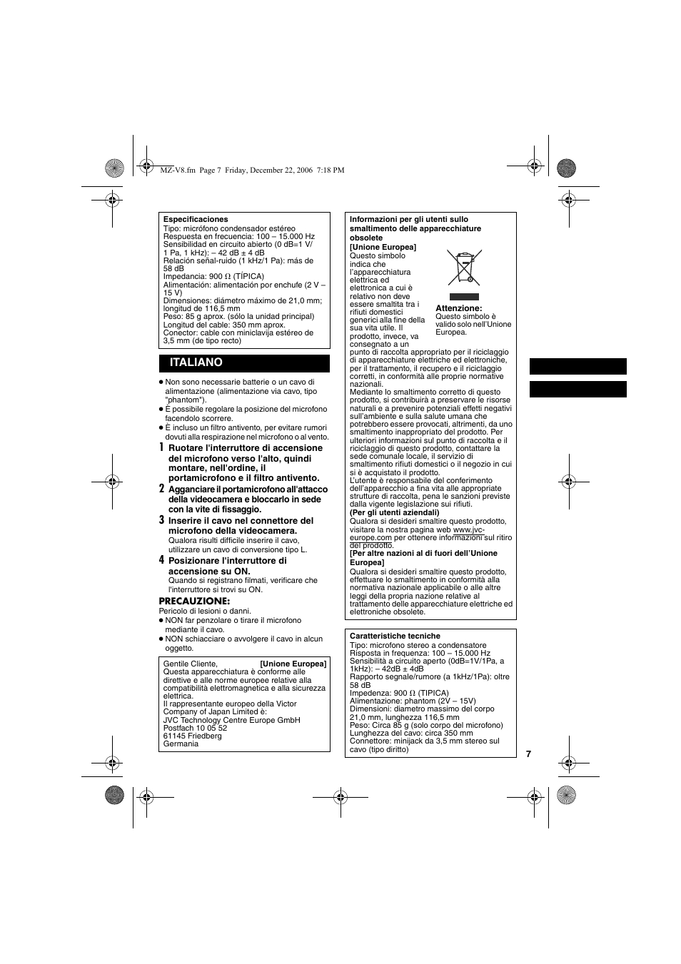Italiano | JVC MZ-V8U/AC User Manual | Page 7 / 24