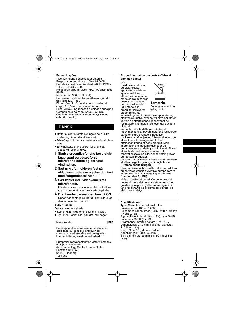 Dansk | JVC MZ-V8U/AC User Manual | Page 9 / 24