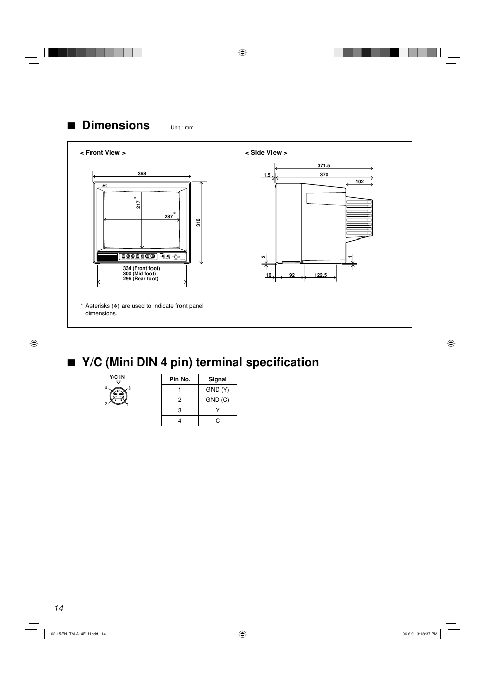 7 dimensions, 7 y/c (mini din 4 pin) terminal specifi cation | JVC LCT2141-001A-H User Manual | Page 14 / 16