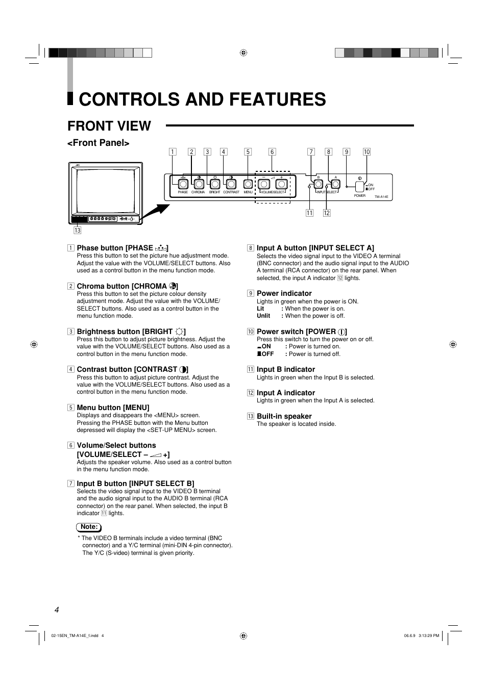 Controls and features, Front view, Front panel | JVC LCT2141-001A-H User Manual | Page 4 / 16