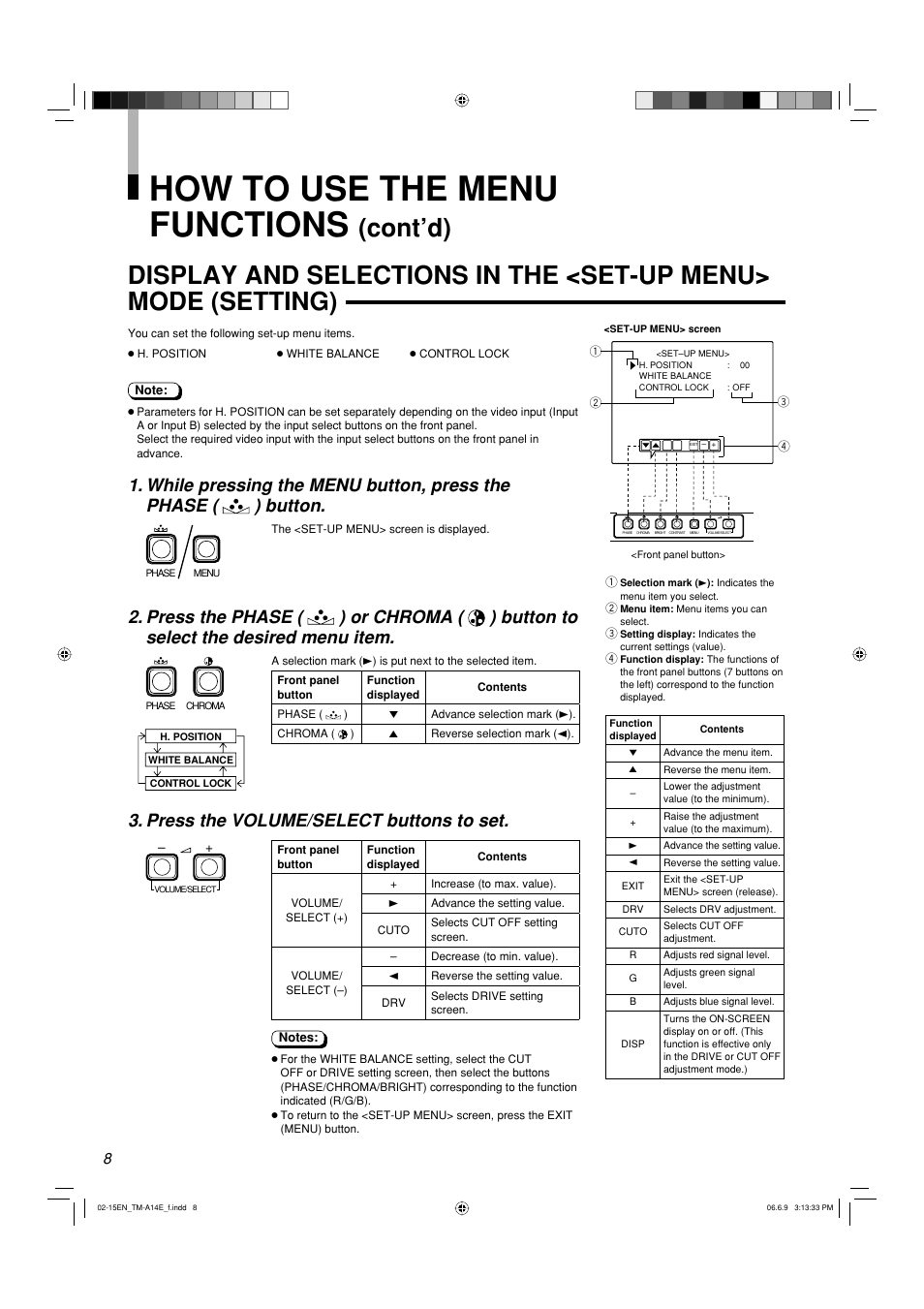 How to use the menu functions, Press the volume/select buttons to set | JVC LCT2141-001A-H User Manual | Page 8 / 16