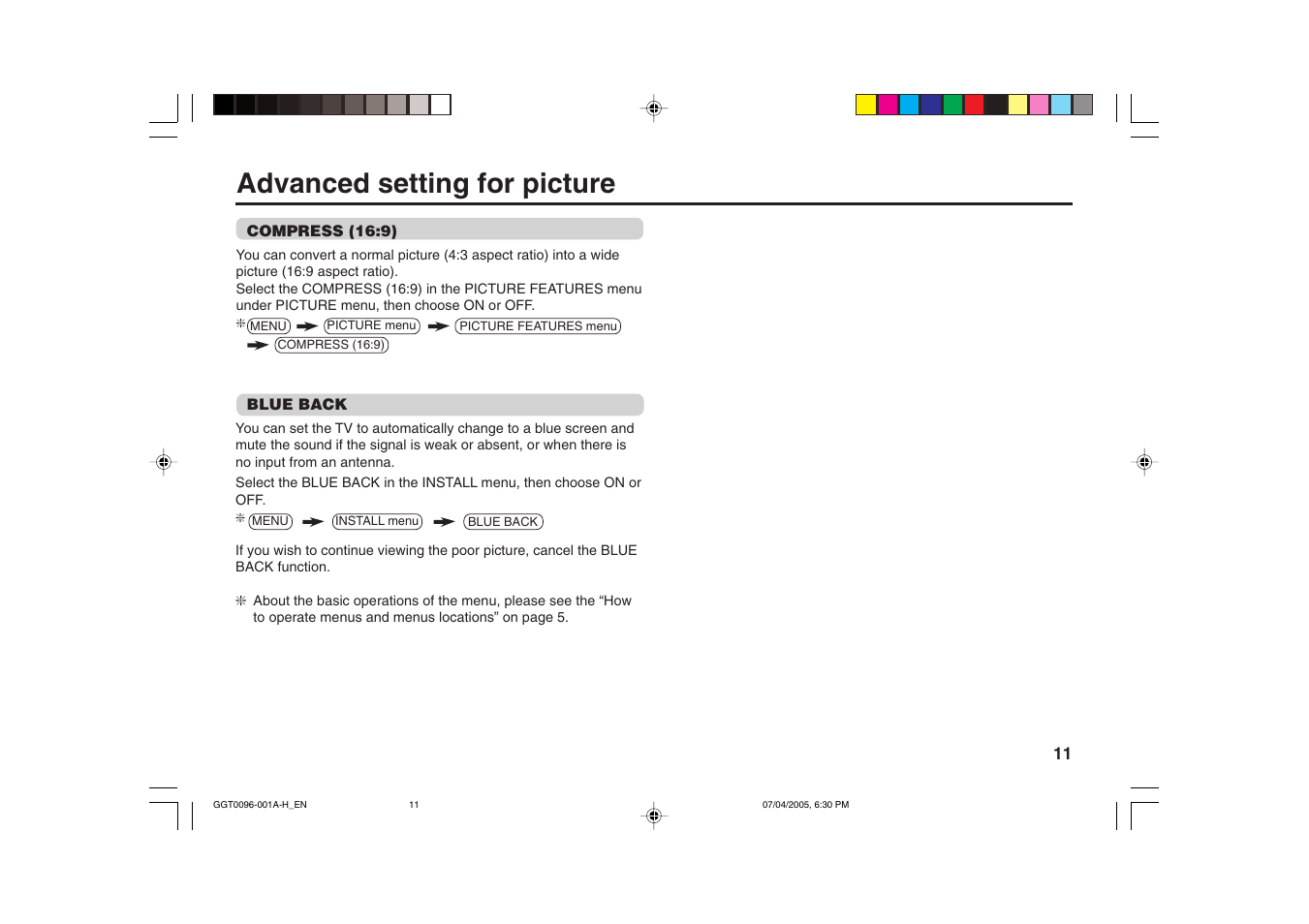 Advanced setting for picture | JVC AV-21YS24 User Manual | Page 11 / 24