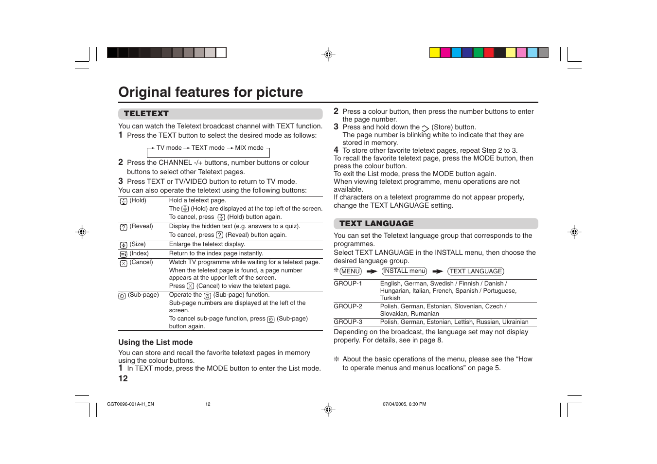 Original features for picture | JVC AV-21YS24 User Manual | Page 12 / 24