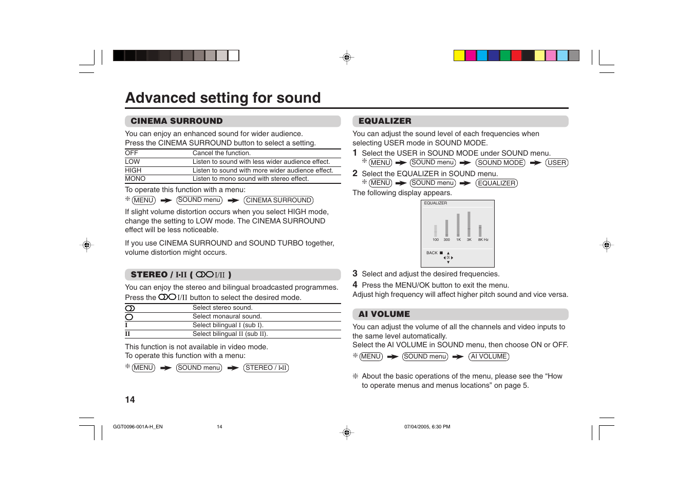 Advanced setting for sound | JVC AV-21YS24 User Manual | Page 14 / 24