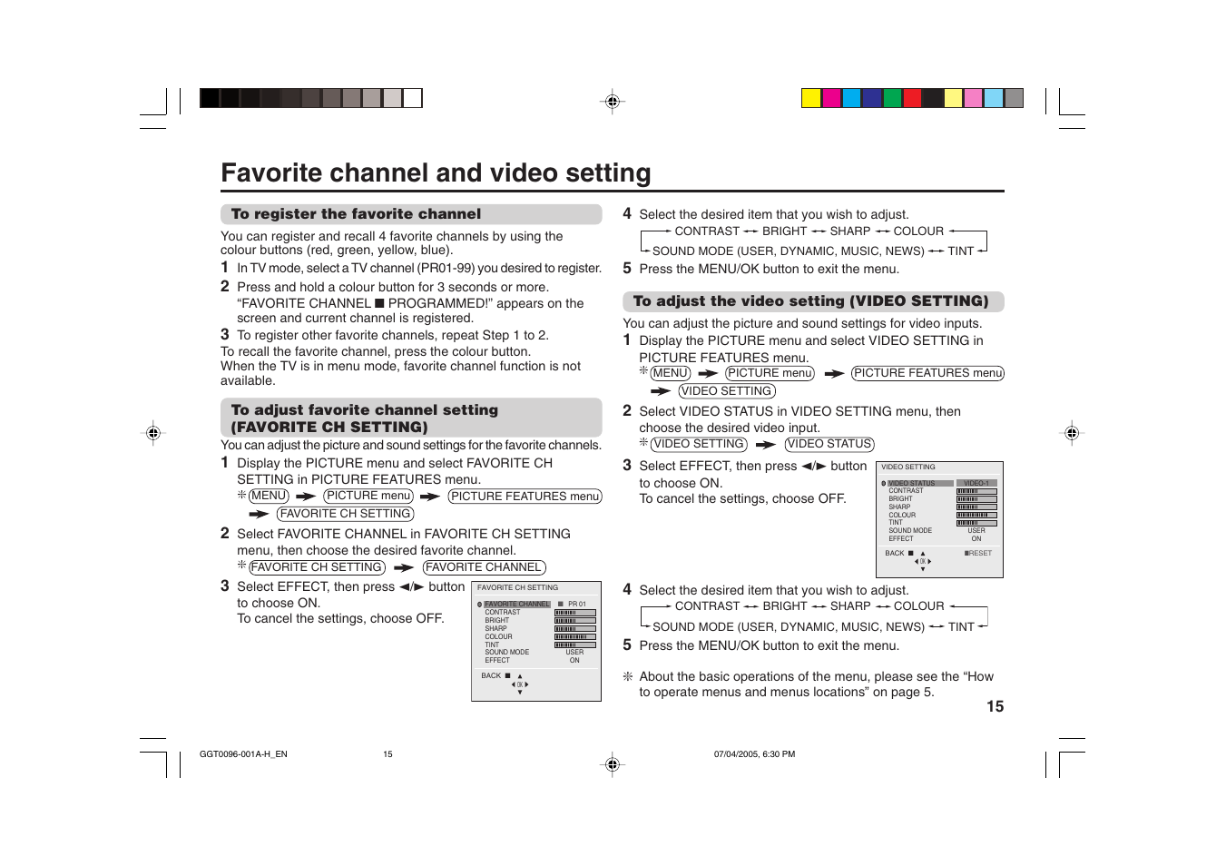 Favorite channel and video setting | JVC AV-21YS24 User Manual | Page 15 / 24