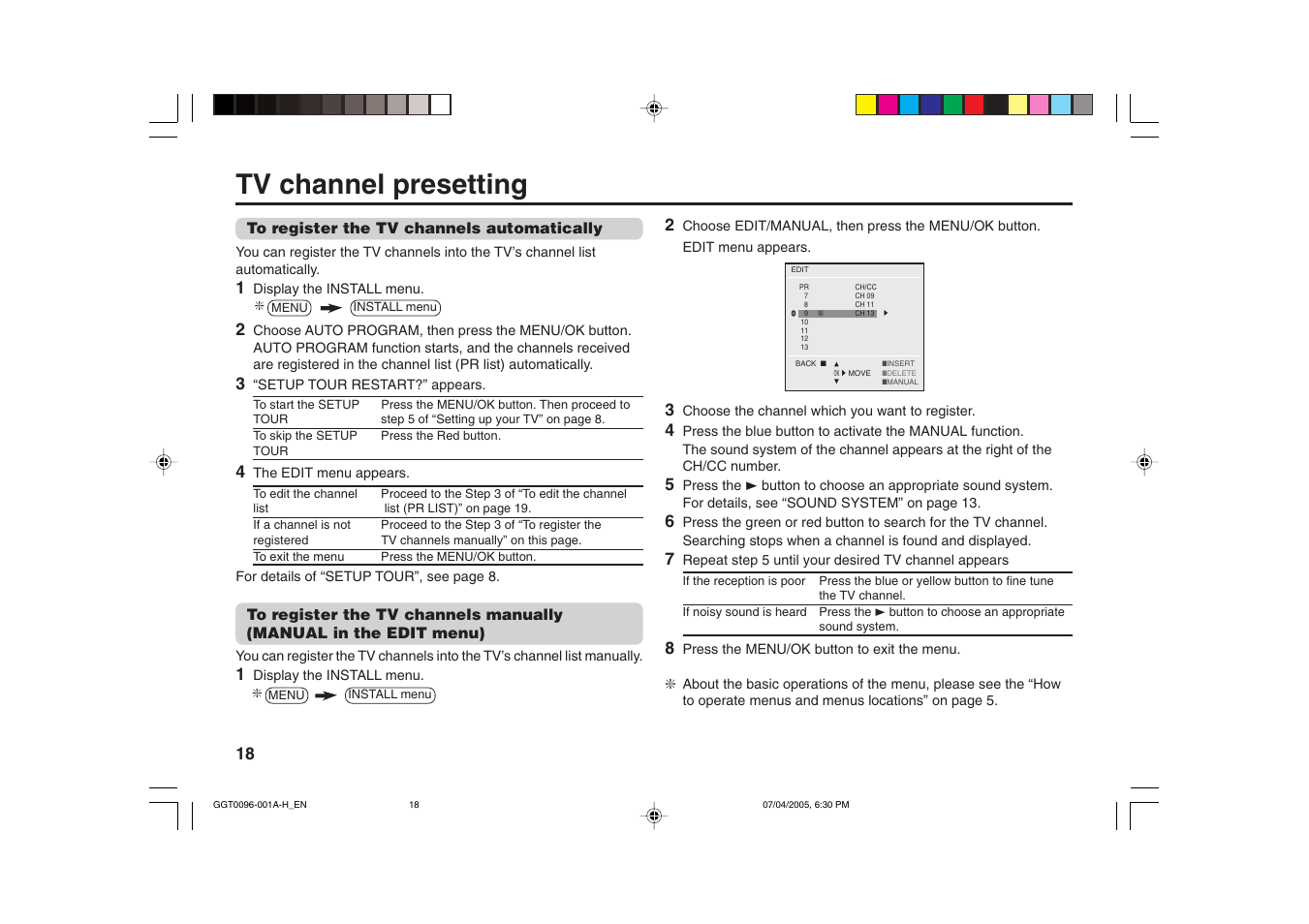 Tv channel presetting | JVC AV-21YS24 User Manual | Page 18 / 24
