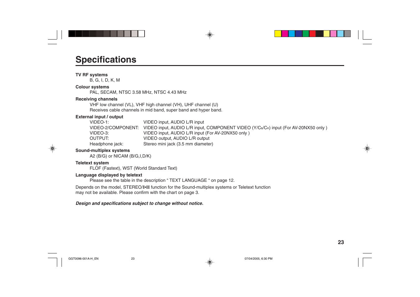Specifications | JVC AV-21YS24 User Manual | Page 23 / 24