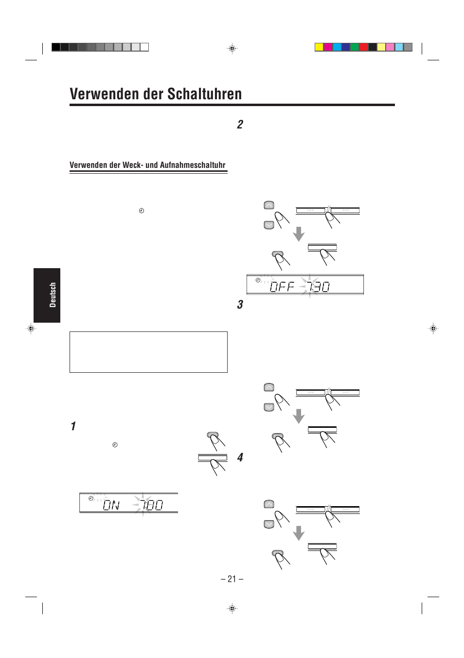 Verwenden der schaltuhren, Verwenden der weck- und aufnahmeschaltuhr, Deutsch | Drücken sie die taste clock/timer | JVC UX-L30R M User Manual | Page 104 / 189
