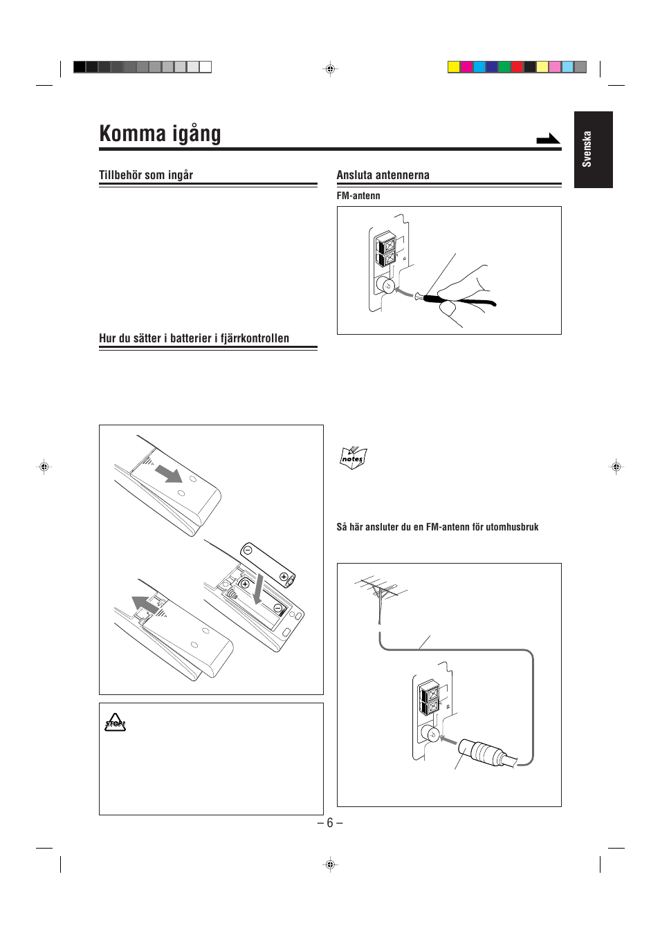 Komma igång, Tillbehör som ingår, Hur du sätter i batterier i fjärrkontrollen | Ansluta antennerna | JVC UX-L30R M User Manual | Page 11 / 189