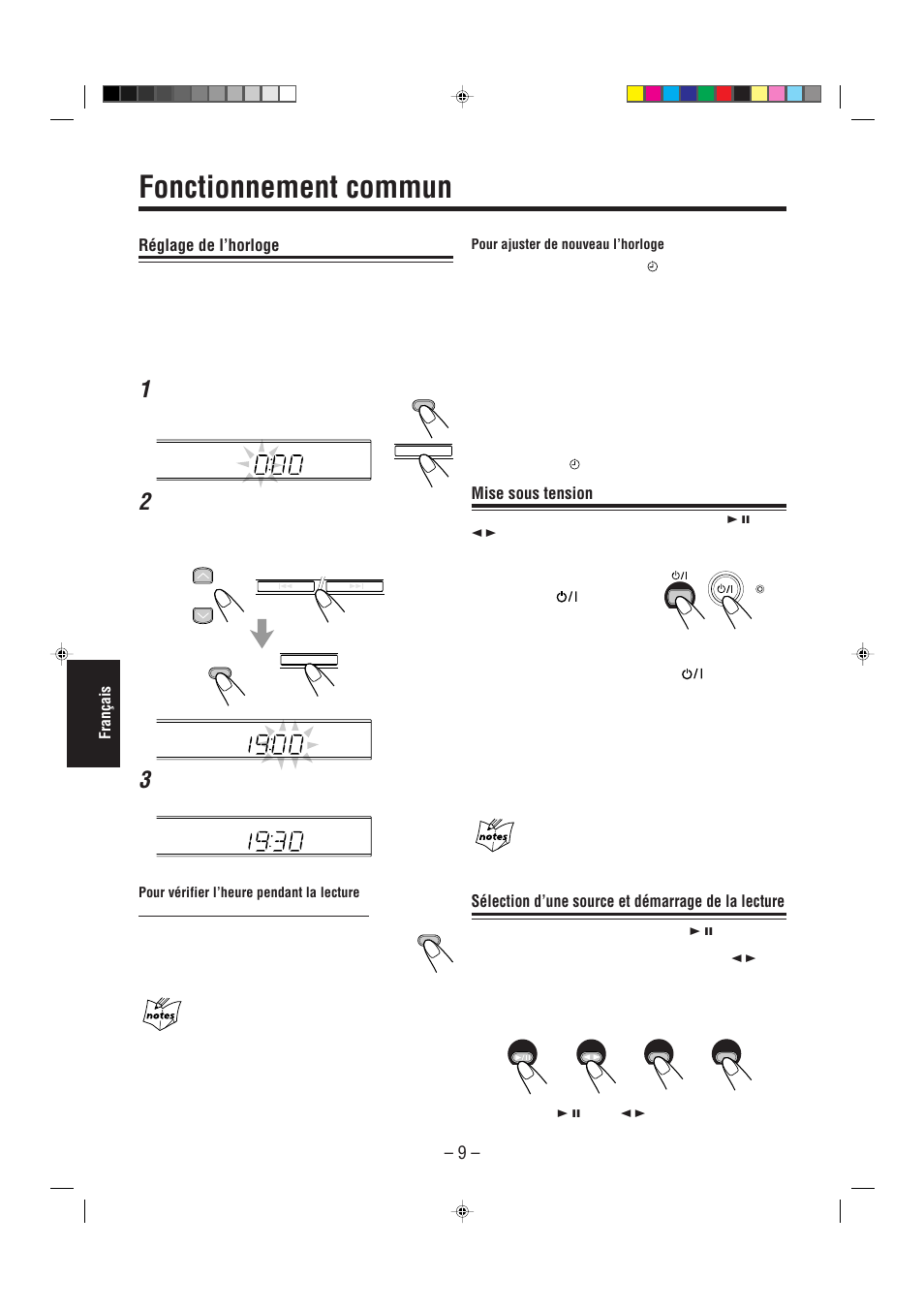 Fonctionnement commun, Réglage de l’horloge, Mise sous tension | Sélection d’une source et démarrage de la lecture | JVC UX-L30R M User Manual | Page 118 / 189