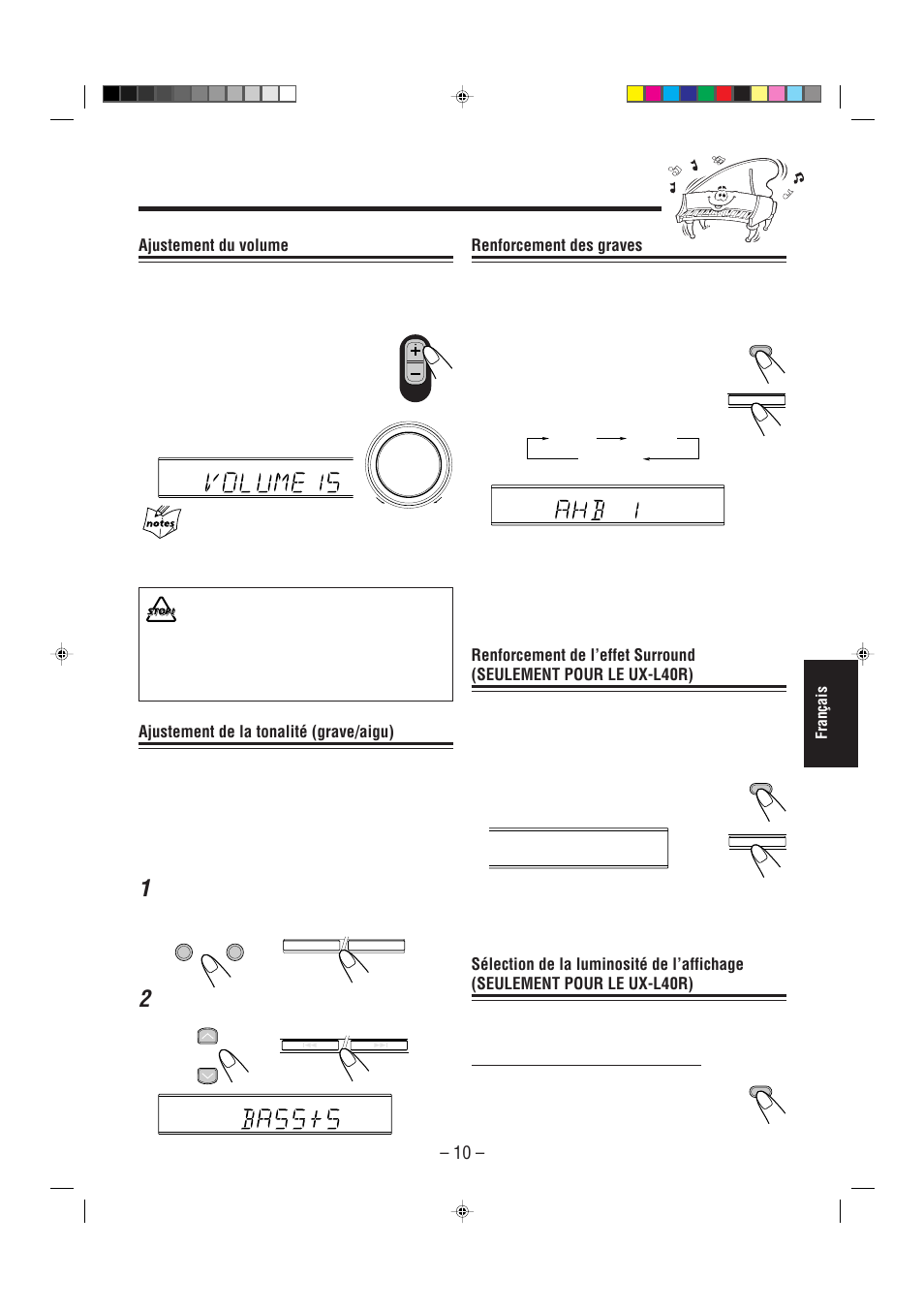 Renforcement des graves, Ajustement du volume, Ajustement de la tonalité (grave/aigu) | Français | JVC UX-L30R M User Manual | Page 119 / 189