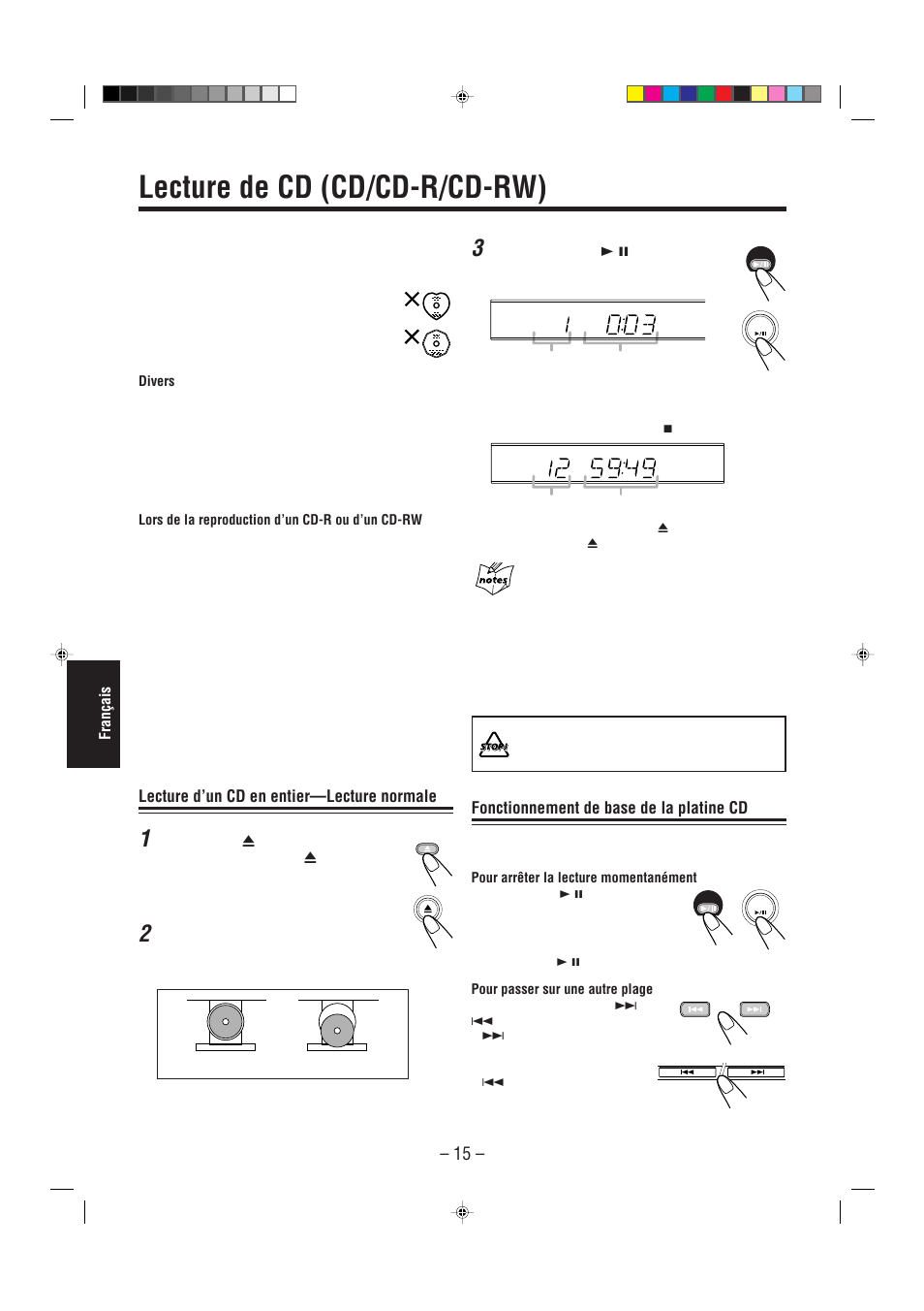 Lecture de cd (cd/cd-r/cd-rw), Lecture d’un cd en entier—lecture normale, Fonctionnement de base de la platine cd | JVC UX-L30R M User Manual | Page 124 / 189
