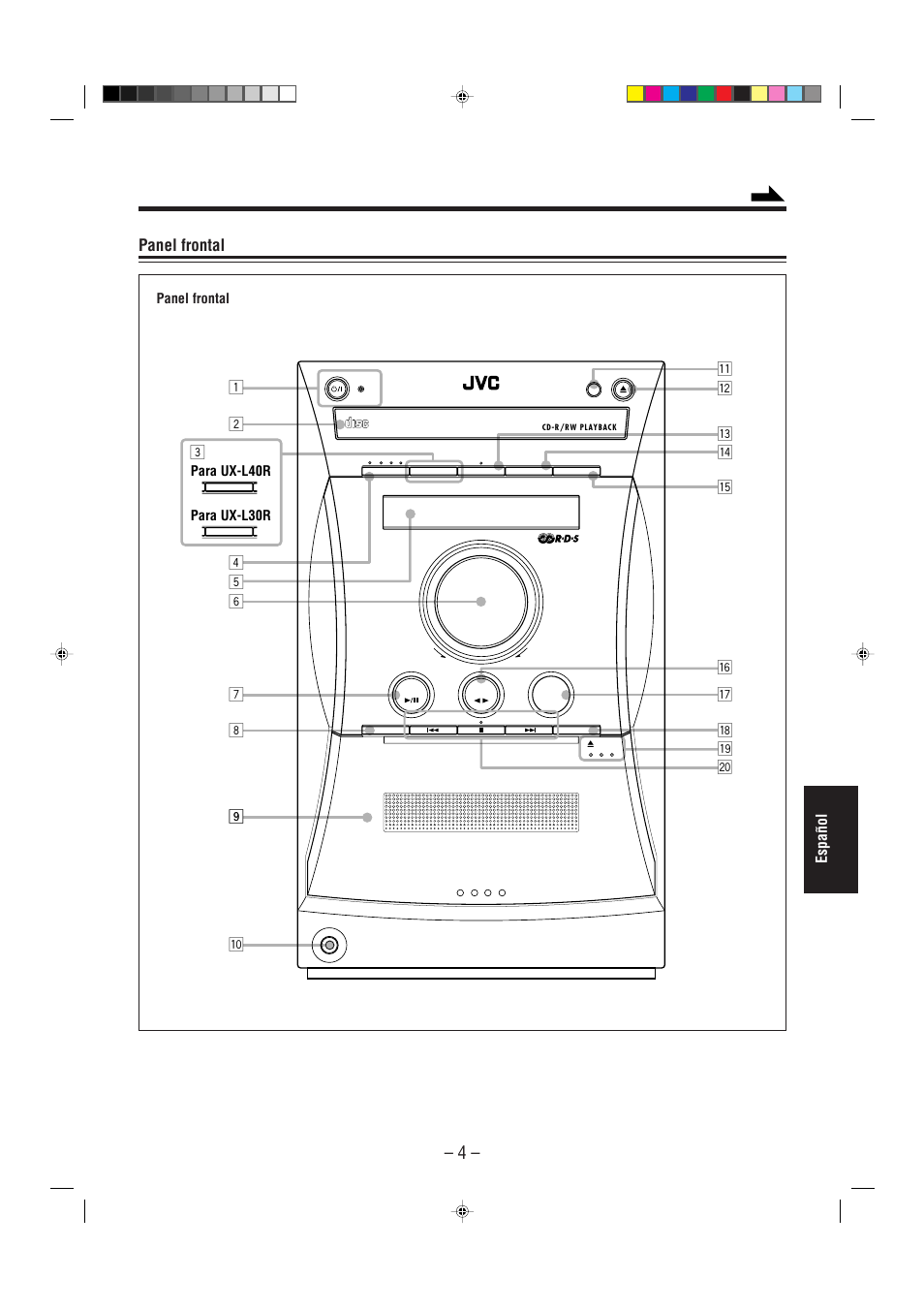 Panel frontal, Español, Para ux-l30r para ux-l40r | JVC UX-L30R M User Manual | Page 139 / 189