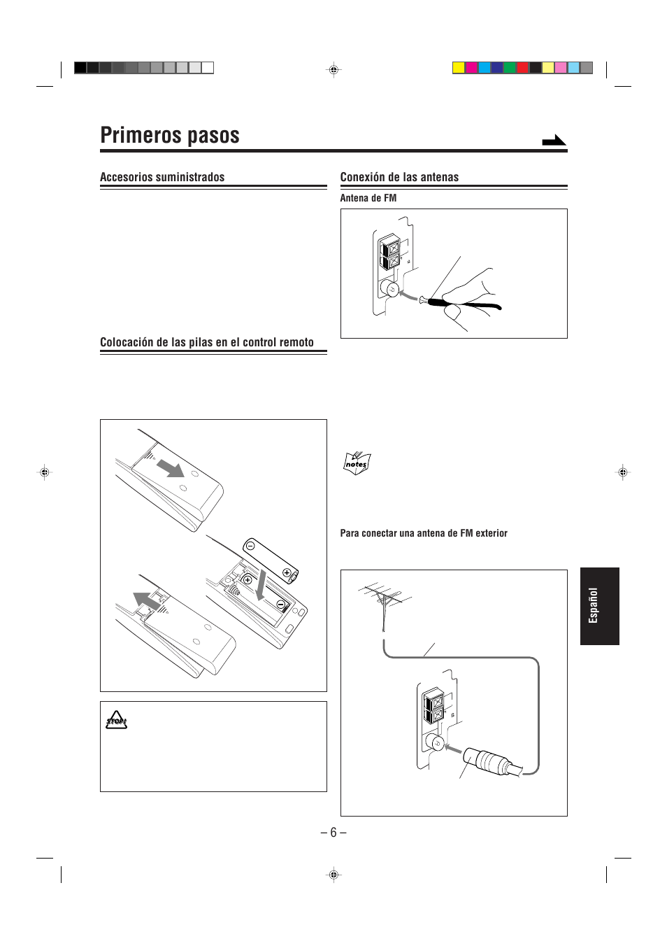 Primeros pasos, Accesorios suministrados, Colocación de las pilas en el control remoto | Conexión de las antenas | JVC UX-L30R M User Manual | Page 141 / 189
