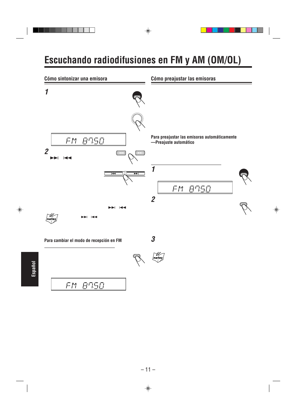 Escuchando radiodifusiones en fm y am (om/ol), Cómo sintonizar una emisora, Cómo preajustar las emisoras | JVC UX-L30R M User Manual | Page 146 / 189