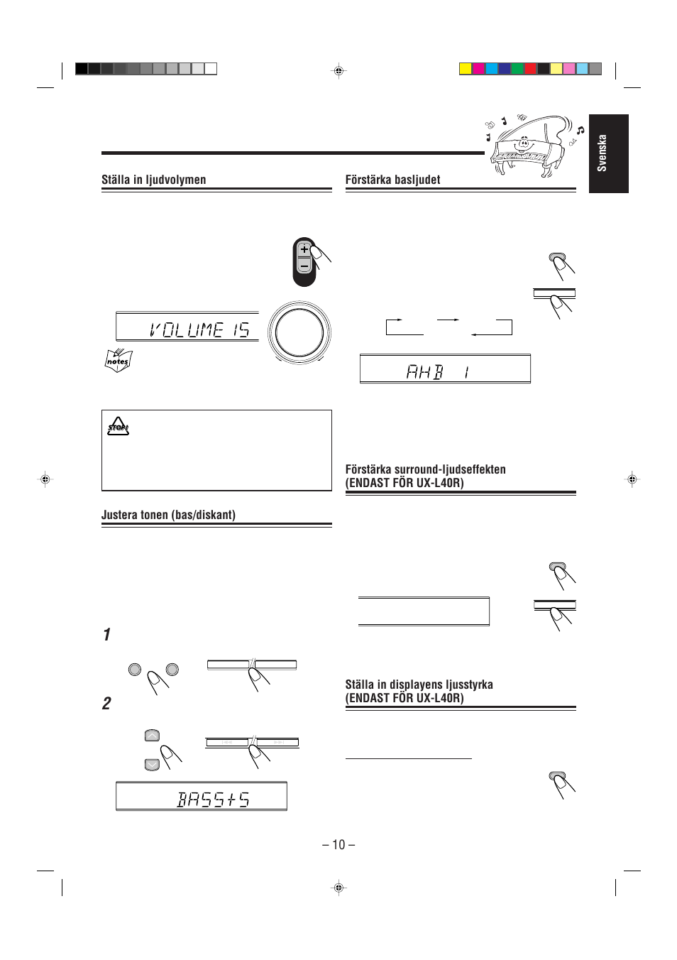 Förstärka basljudet, Ställa in ljudvolymen, Justera tonen (bas/diskant) | Svenska | JVC UX-L30R M User Manual | Page 15 / 189