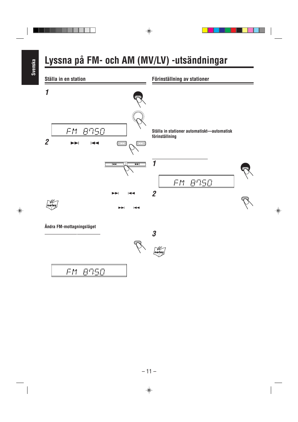 Lyssna på fm- och am (mv/lv) -utsändningar, Ställa in en station, Förinställning av stationer | JVC UX-L30R M User Manual | Page 16 / 189