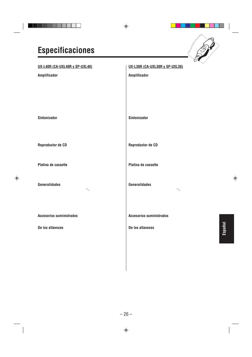 Especificaciones, Español | JVC UX-L30R M User Manual | Page 161 / 189