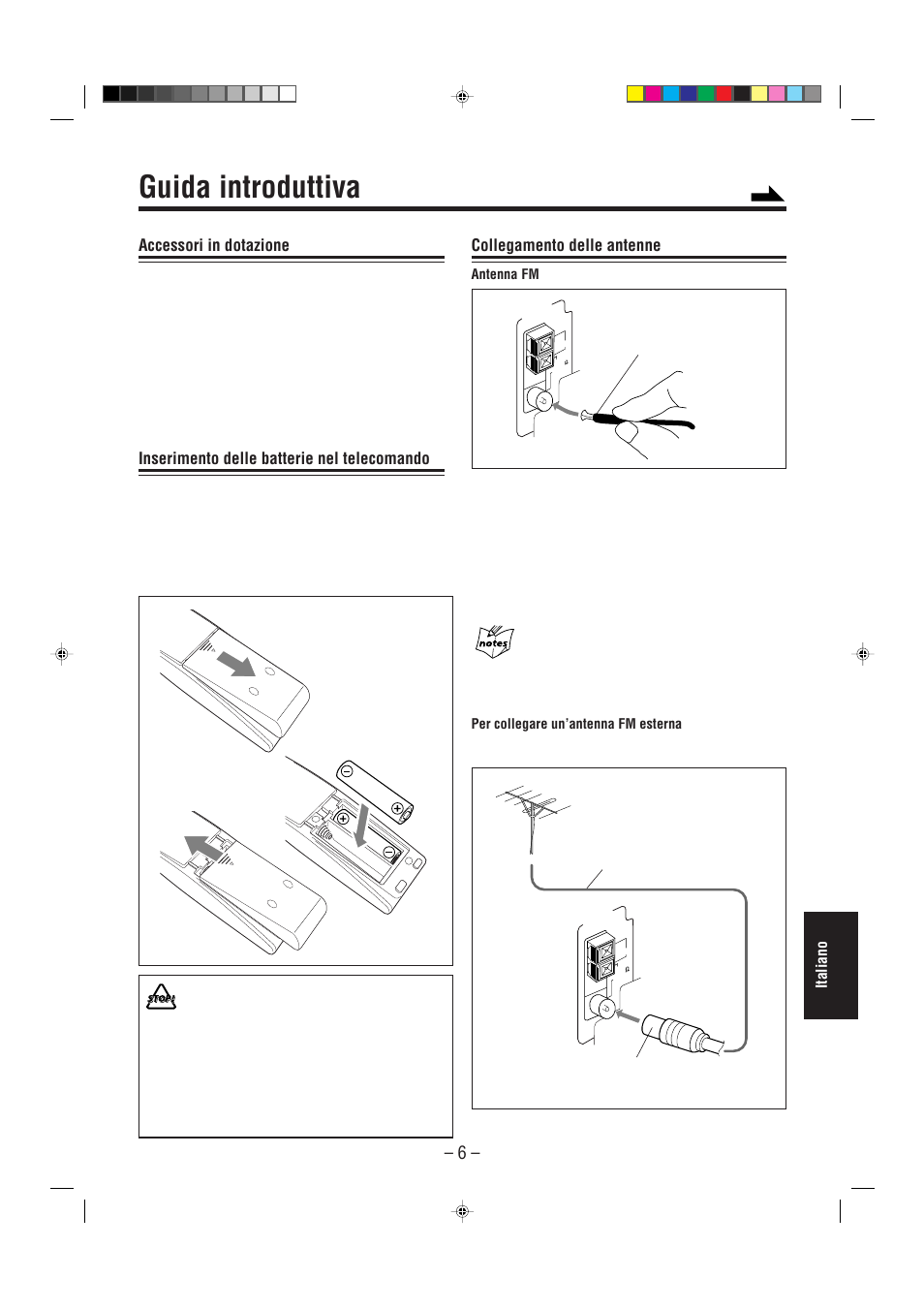 Guida introduttiva, Accessori in dotazione, Inserimento delle batterie nel telecomando | Collegamento delle antenne | JVC UX-L30R M User Manual | Page 167 / 189