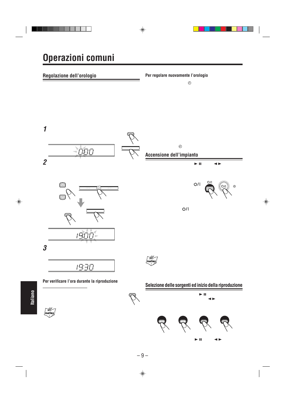 Operazioni comuni, Regolazione dell’orologio, Accensione dell’impianto | JVC UX-L30R M User Manual | Page 170 / 189