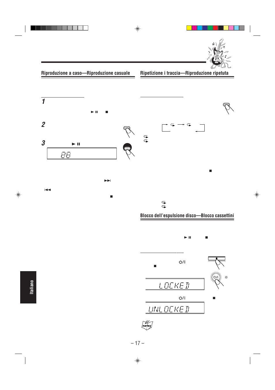 Ripetizione i traccia—riproduzione ripetuta, Blocco dell’espulsione disco—blocco cassettini, Riproduzione a caso—riproduzione casuale | JVC UX-L30R M User Manual | Page 178 / 189